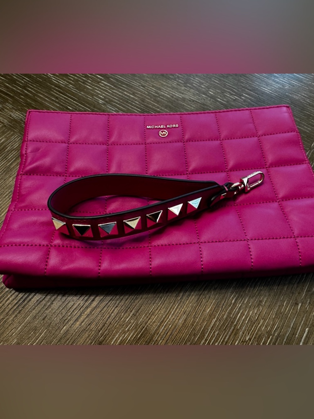 HOT PINK Michael Kors Hot Pink Quilted Leather Wristlet Clutch with Stud Strap